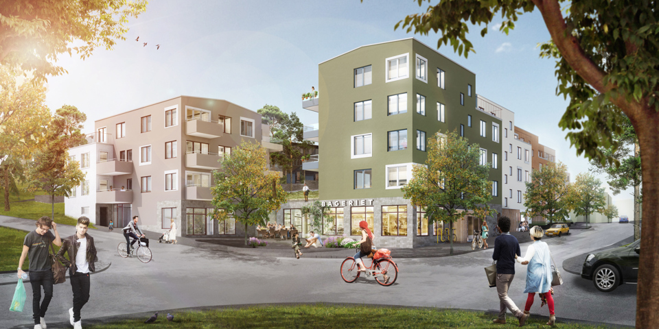Kvarter med flera bostadshus, människor i rörelse, illustration.