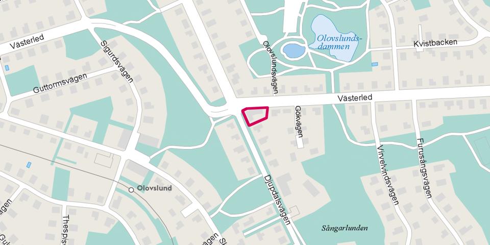 Kartbild över Olovslund. Rödmärkt område mitt i bild.