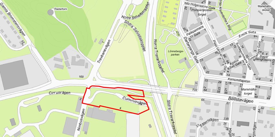 Karta över området med planområdet markerat med rött.