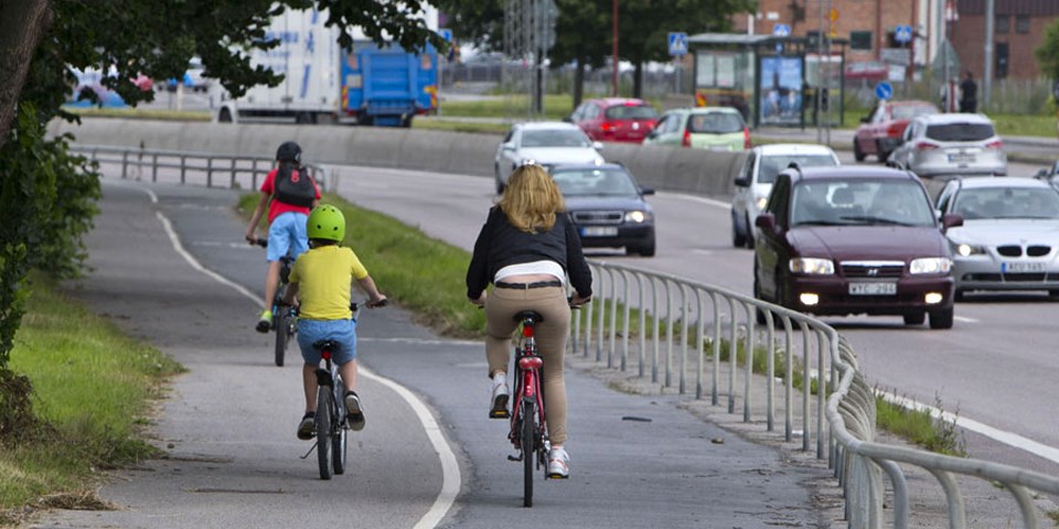 Cyklande barn och vuxna på cykelbana bredvid bilväg. Bilar i rörelse, foto.