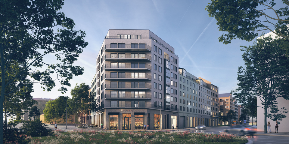 Gaveln på ett flerbostadshus, vid Bolidenplan. Träd och planteringar vid en cirkulationsplats. I byggnadens bottenvåning syns café och butikslokaler. Människor och trafik. Illustration. 
