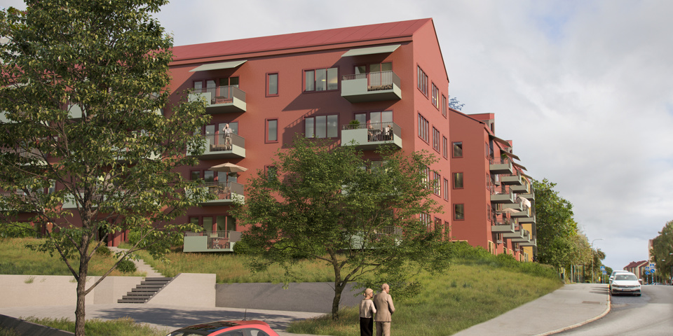 Illustration av röda flerbostadshus med balkonger.