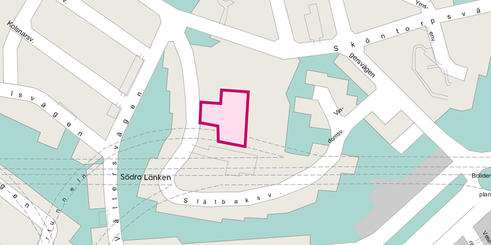 Kartbild över SLätbaksvägen, Sköntorpsvägen, Vättersvägen.  Planområdet är markerat i rosa.