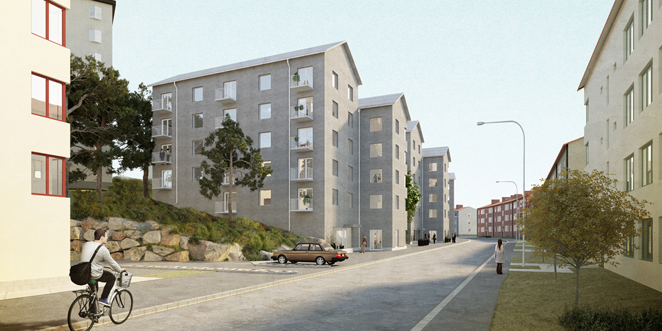 Bostadsområde, grå flervåningshus, illustration.