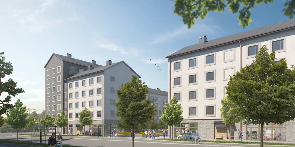 Gatuvy . På andra sidan gatan syns vita och grå flerbostadshus. Människor i rörelse. Illustration.