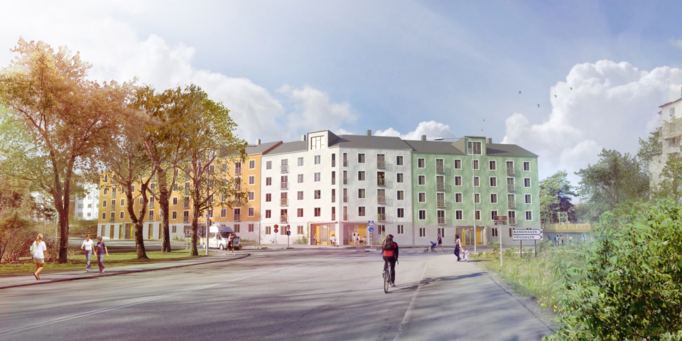 Bostadsområde, människor rör sig i området, illustration.