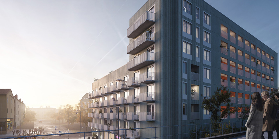 Flerbostadshus sett snett framifrån från tunnelbaneperrong. Väg utanför huset, människor i rörelse, illustration.