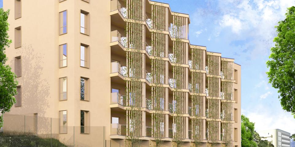 Visionsbild. Fasaden är i ljust trä med växter som klättrar i ribborna. Ett tunnebanetåg passerar framför huset. Det är ljust och soligt i bilden.