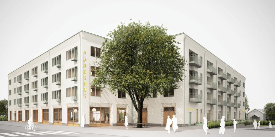 Två vita flervåningshus som möts i ett hörn. På en skylt står  Värdshus. Illustration.