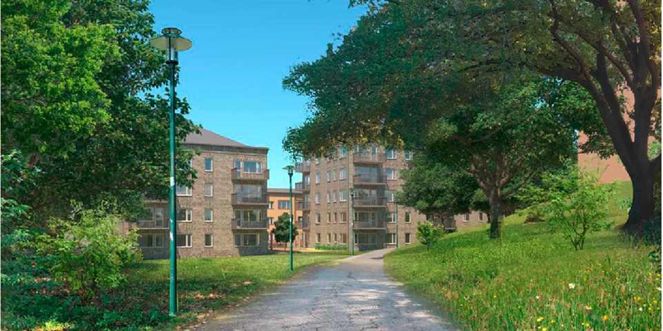En asfalterad gångväg vid en park leder fram till flerbostadshus i ljusa förger. Träd och grönska längs parkvägen. Illustration