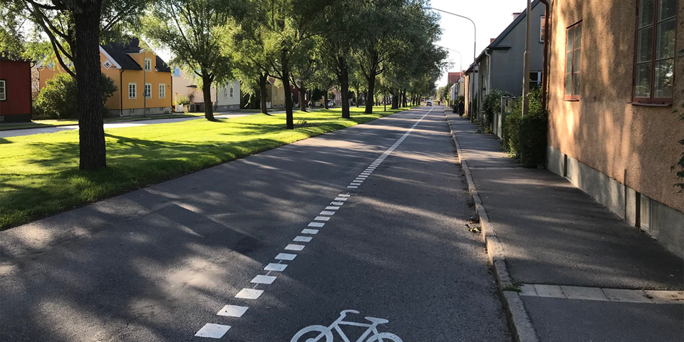 Gång- och cykelbana utmed bilväg i villaområde, foto.