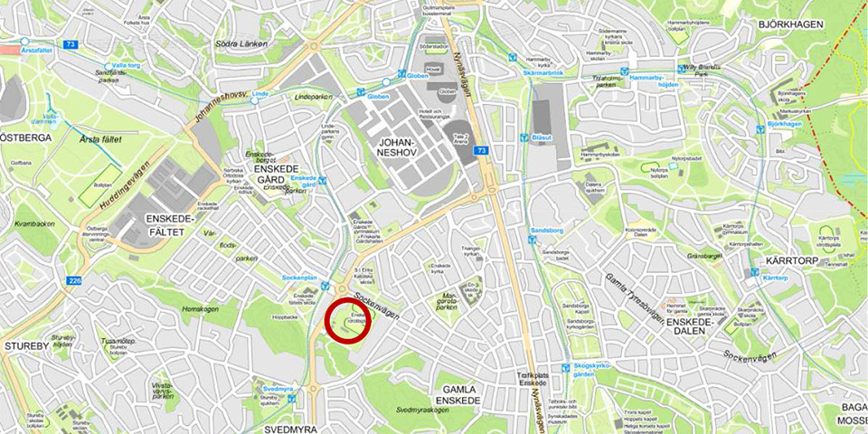 Tecknad karta där planområdet markerats med en röd ring.
