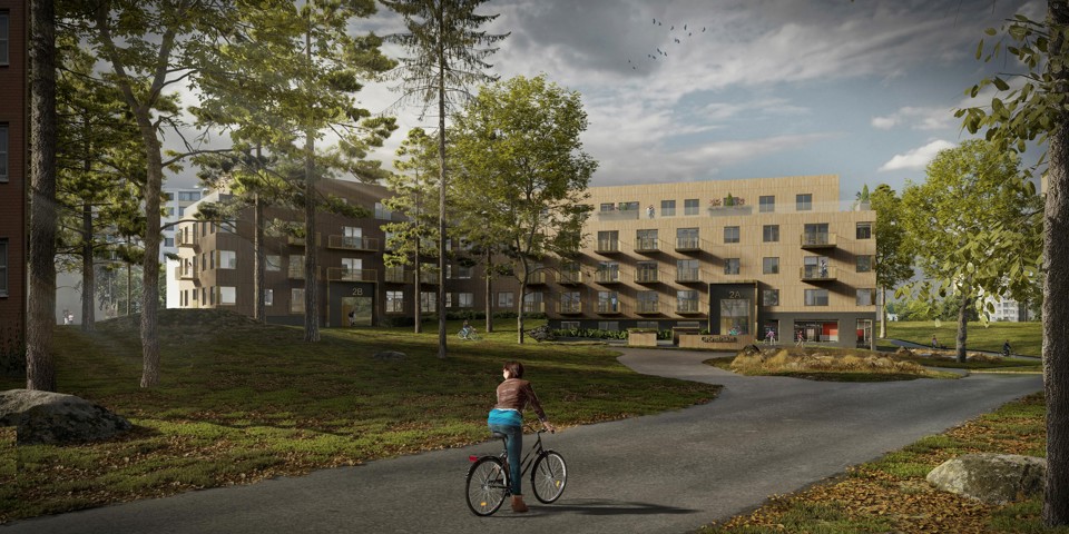 Ett långt flerbostadshus med ljusbrun fasad syns längs en gata. Träd, grönska och människor i rörelse.  Illustration