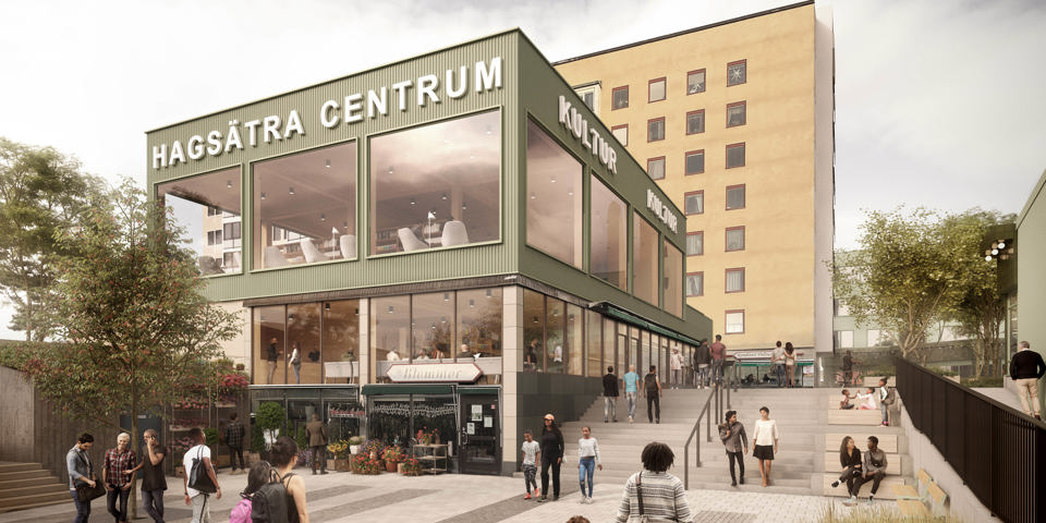 Byggnad invid torg, på byggnaden står det Hagsätra Centrum, människor i rörelse, illustration.