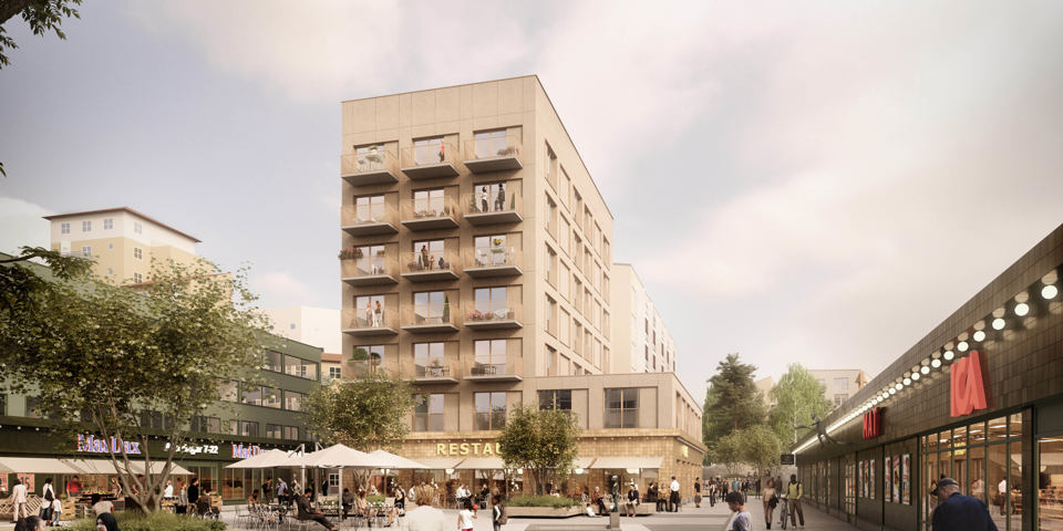 Torg med verksamheter och flerbostadshus runt omkring, sittytor och uteserveringar, människor i rörelse, illustration.
