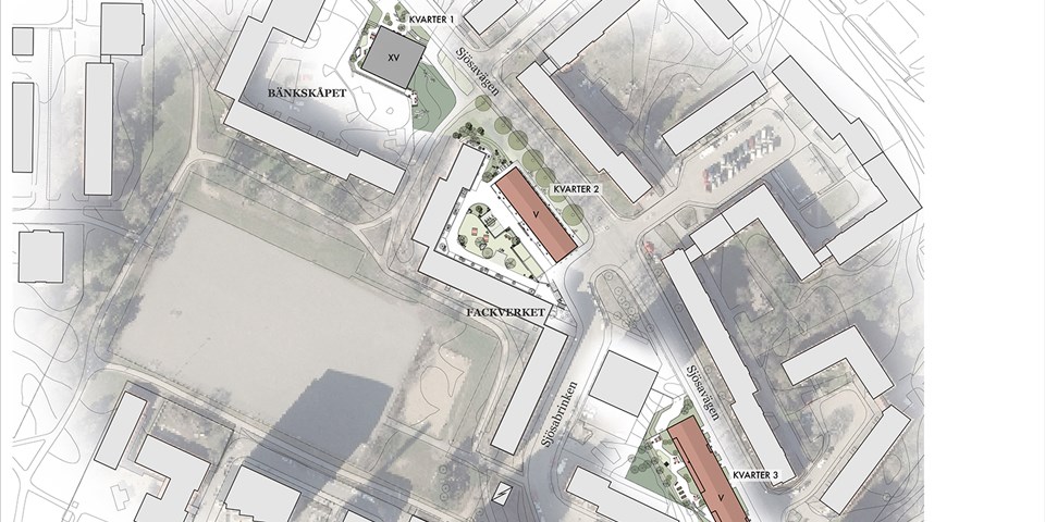 Karta som visar den nya föreslagna bebyggelsens placering längs med Sjösavägen, 
