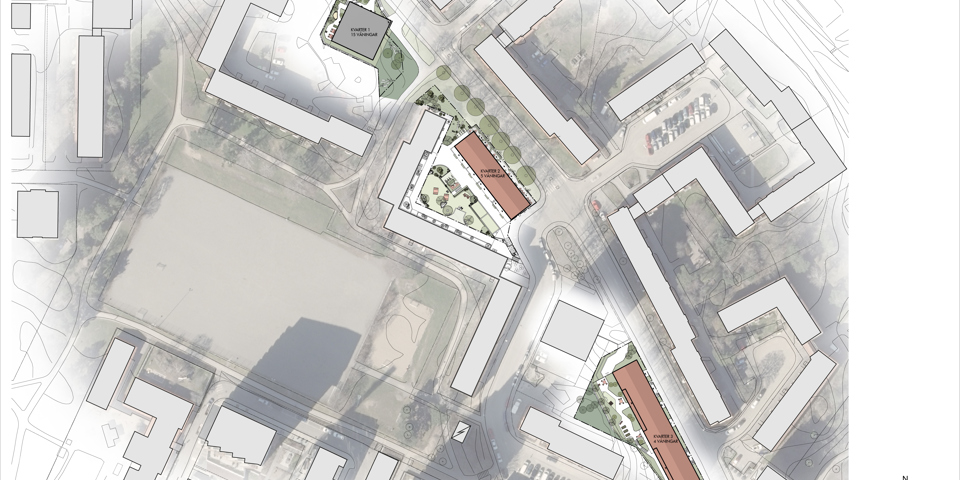 Översiktsplan över förslaget. De nya byggnaderna markeras i brunt och mörkgrått. Befintliga hus är ljusare grå.