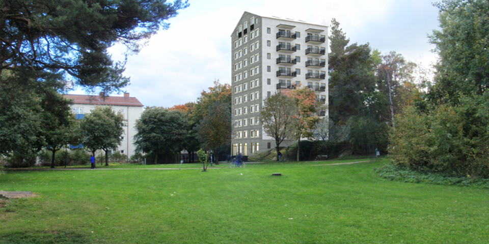 Flerbostadshus med elva våningar, i förgrunden finns en stor gräsyta, fotomontage.