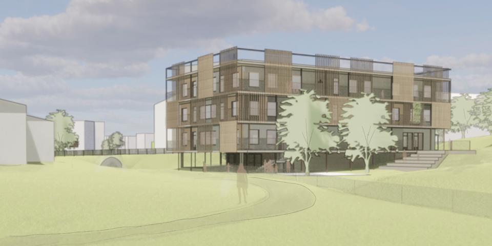 Vy mot byggnad med flera våningar och loftgångar, gångstråk, grönytor, illustration.