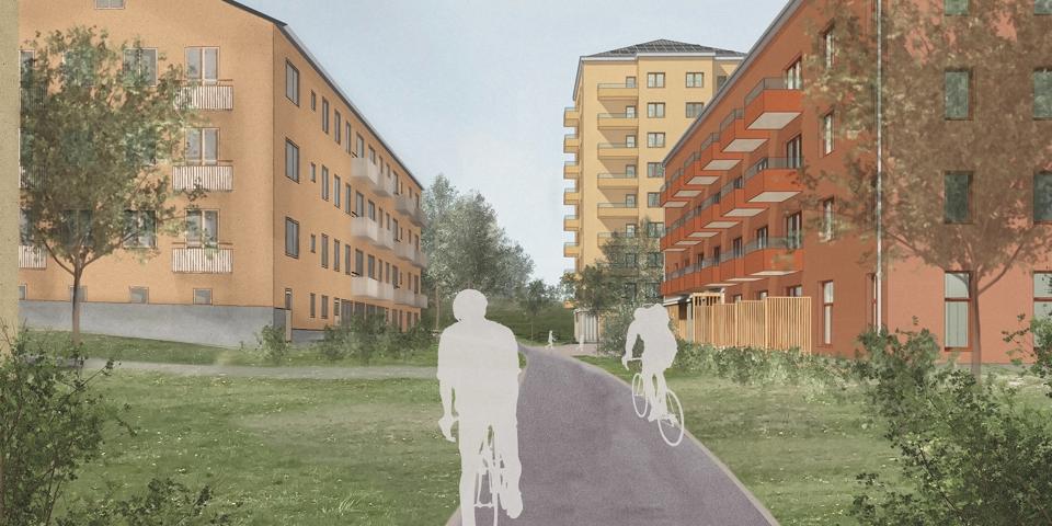 Flerbostadshus på båda sidor av en gång- och cykelväg. Längre bort i bild skymtar ett högre flerbostadshus. Människor som cyklar på cykelvägen. Illustration