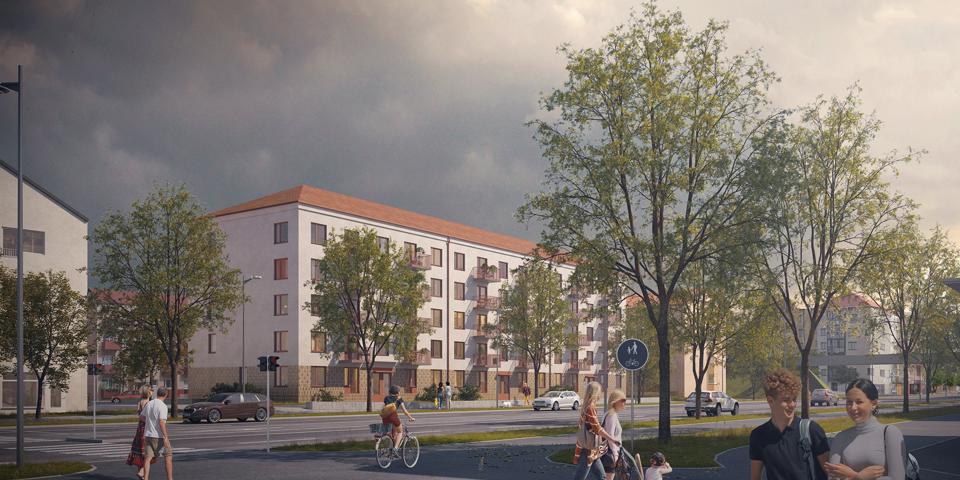 Vy mot flerbostadshus på andra sidan av en bilväg, gångvägar, träd, människor i rörelse, illustration.
