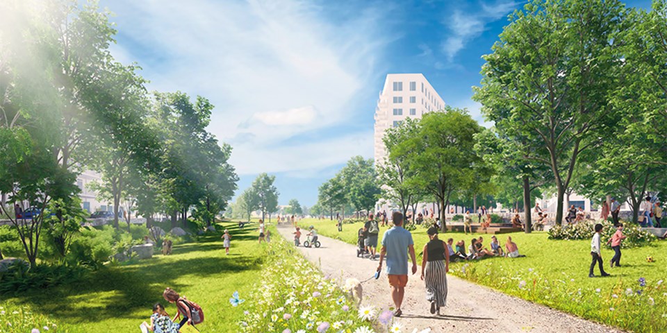 Grönområde, grusad gångväg, människor i rörelse, i bakgrunden syns ett högt flerbostadshus, illustration.