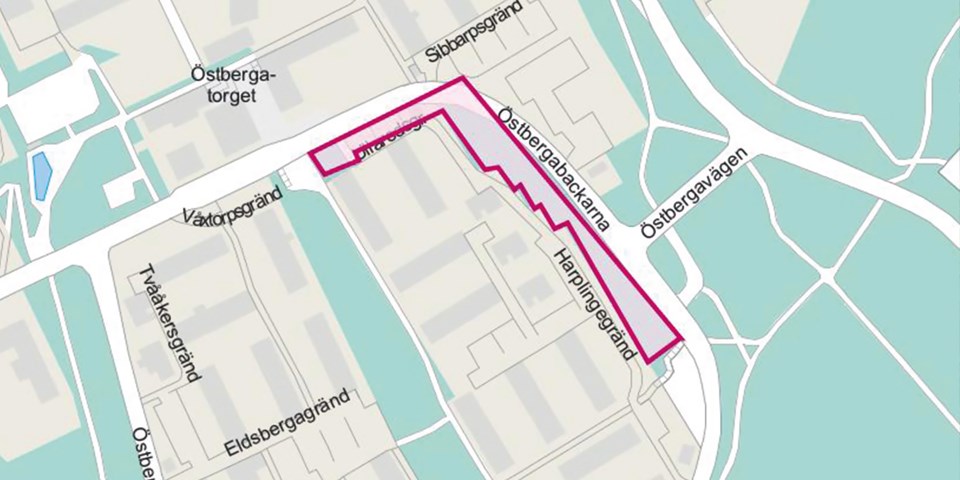 Kartbild där planområdet är markerat med rosa linje. 