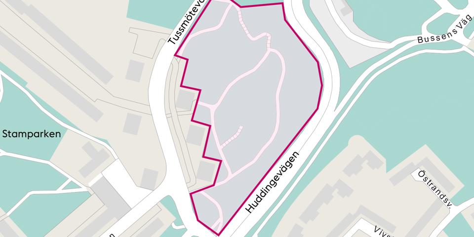 Kartbild med ungefärligt planområde, mellan Tussmötevägen och Huddingevägen,  markerat i rosa.