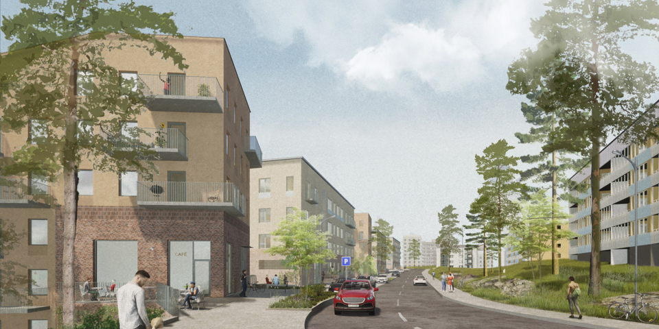 Flervåningshus i ljusa färger invid väg kantad av träd och grönområden, illustration. 