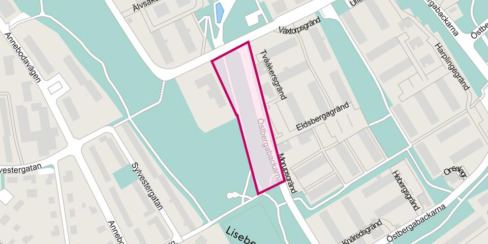 Karta över Östberga med det område där det ska byggas inringat.