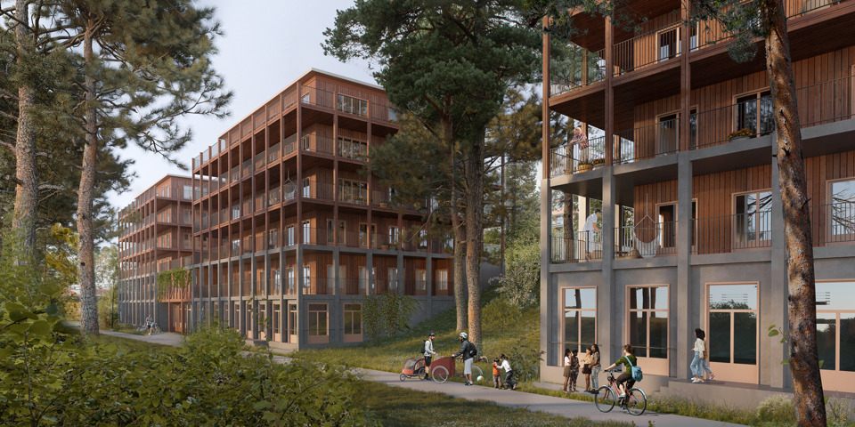 Bostadshus i trä med balkonger. Grönområden, träd och buskar. Människor i rörelse. Illustration.
