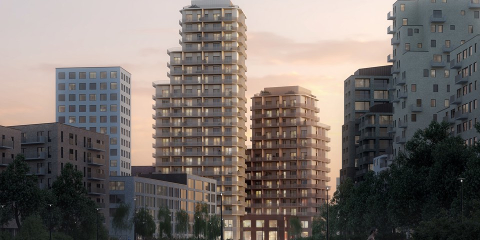 Höga bostadshus med balkonger. Illustration: Arkitema/Shanks studio