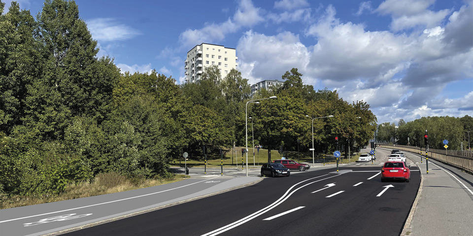 Fotomontage av bilväg och korsning. Träd längs vägen och bostadshus som skymtar.