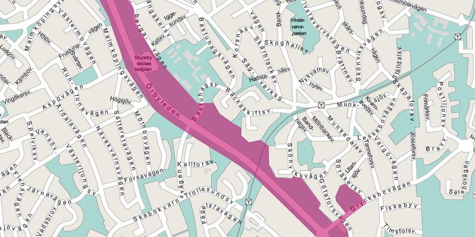 Karta över Stureby och Bandhagen. Ungefärligt planområde längs Örbyleden, från Huddingevägen till Grycksbovägen markerat.