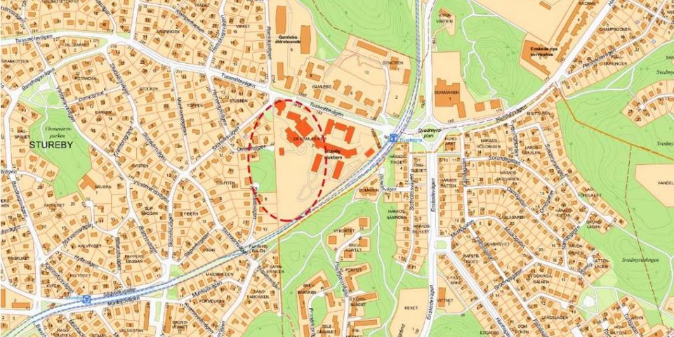 Översiktskarta över Stureby med ungefärligt inringat planområde.
