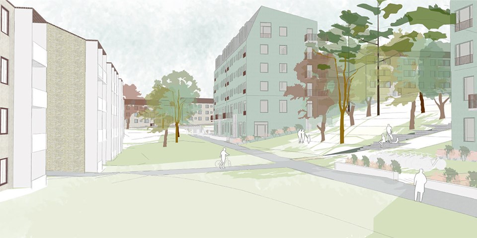 Flerbostadshus i en sluttning, omgivna av gröna ytor med gång- och cykelvägar. Människor i rörelse. Illustration