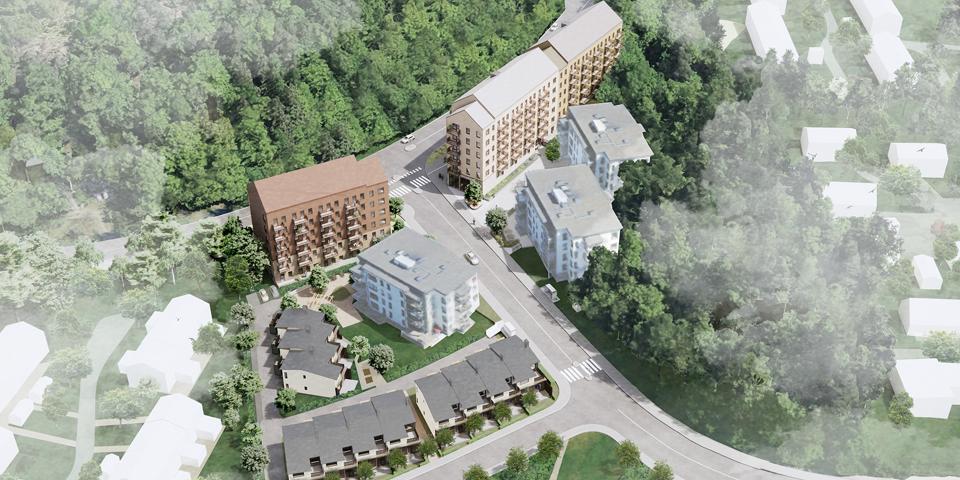 Flygvy från sydväst över det föreslagna flerbostadshuset vid Magelungsvägen och radhusen vid Skrattmåsvägen.