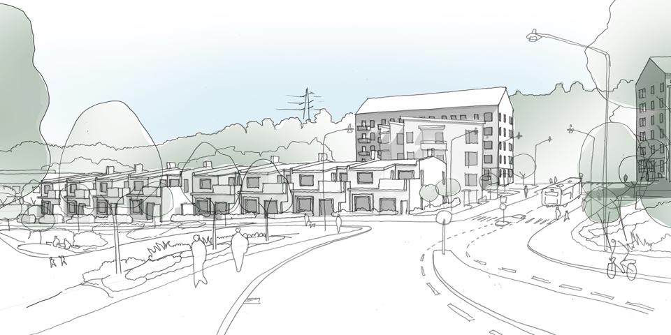 Visionsbild av föreslagen bebyggelse för stadsutveckling projekt Teodoliten 1.m.fl.