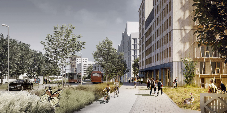 Vy längs med gata med trottoar, flerbostadshus till höger i bild, människor i rörelse, illustration.