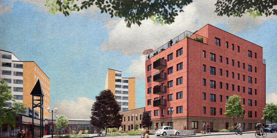 Färgglada hus vid ett torg med träd och växter. Gata utanför med människor i rörelse, illustration.