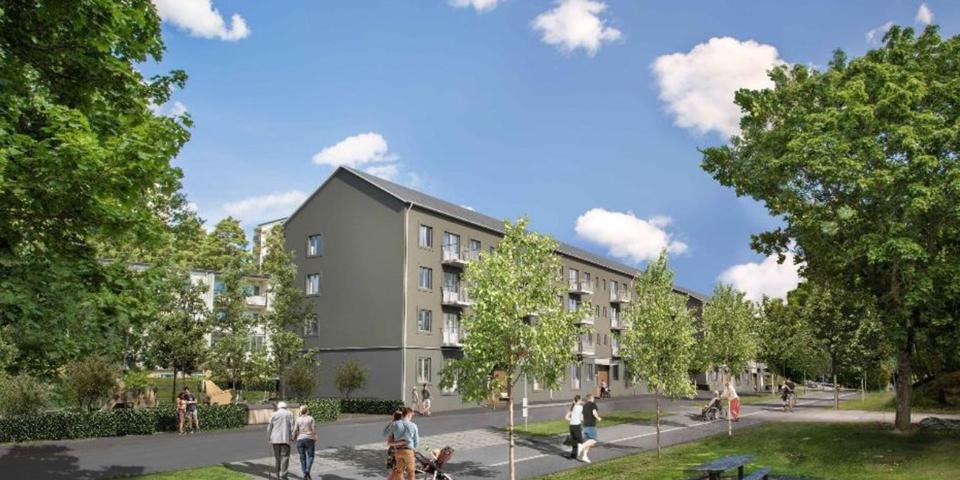 Vy mot flerbostadshus med fasad i grönt, grönytor, trottoar, människor i rörelse, illustration.