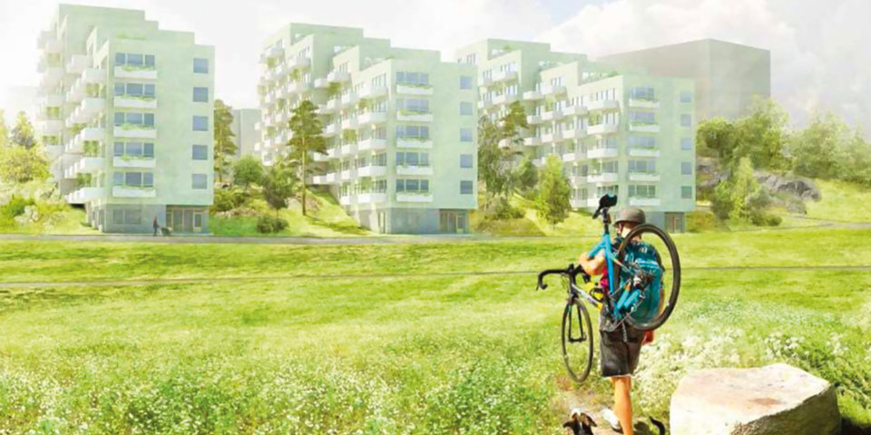 Vy över grönområde, person bärande på cykel. I bakgrunden tre lamellhus i ljusgrönt, illustration.