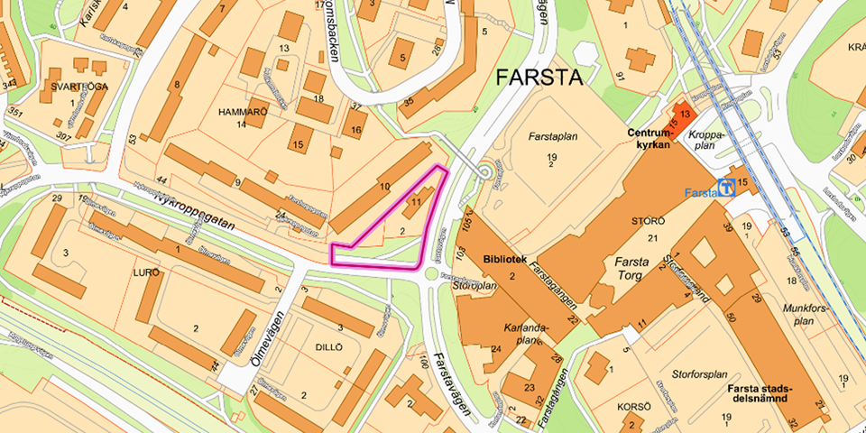 Karta över centrala Farsta med planområdet inritat, illustration. 