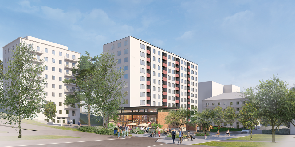 Bild över torg med tre höga bostadshus och en paviljong byggnad. 