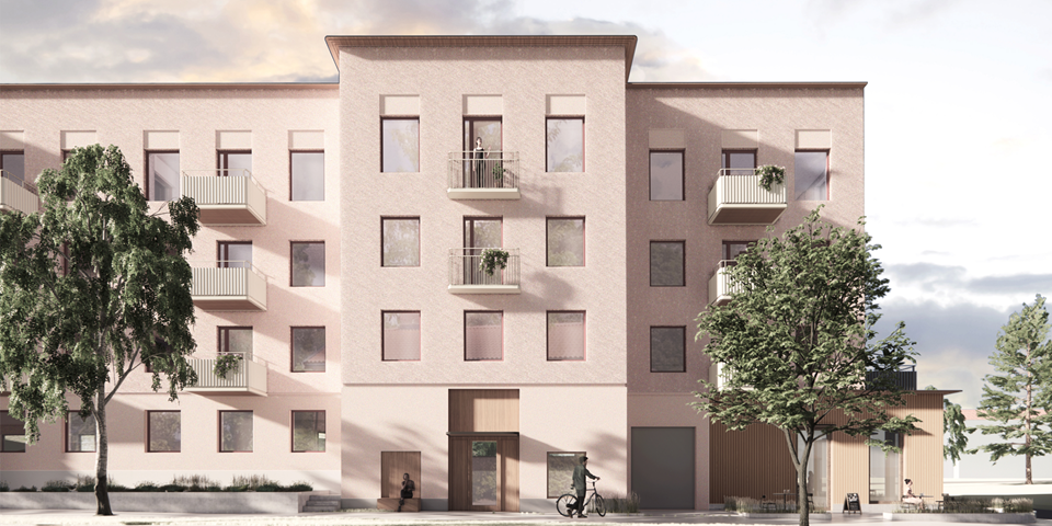 Vy av fasaden för den föreslagna bebyggelsen längs Herrhagsvägen. Bild: Varg arkitekter. 