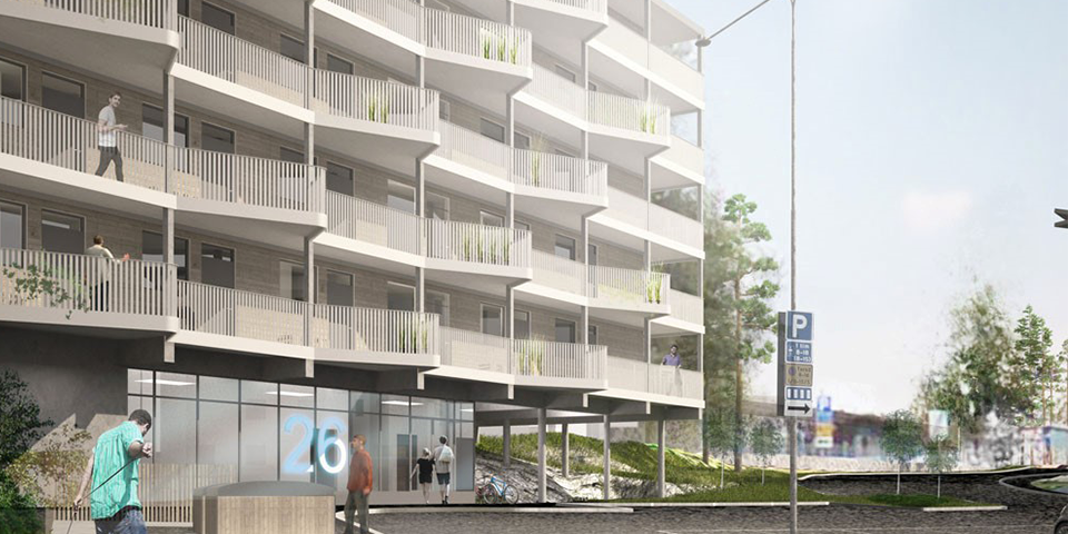 Lägenhetshus med små lägenheter som har balkonger. Parkeringsplatser utanför huset. Visionsbild.