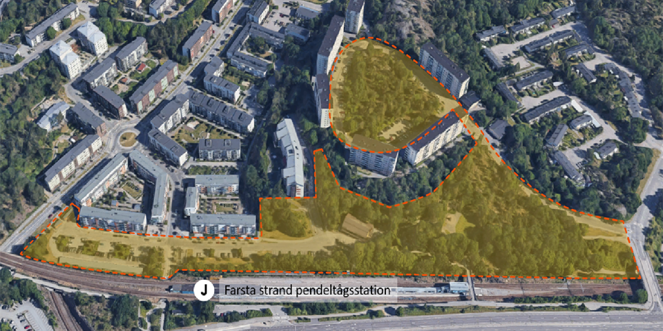 Flygvy över stadsdelen Larsboda med projektets ungefärliga planområde markerat i orange.