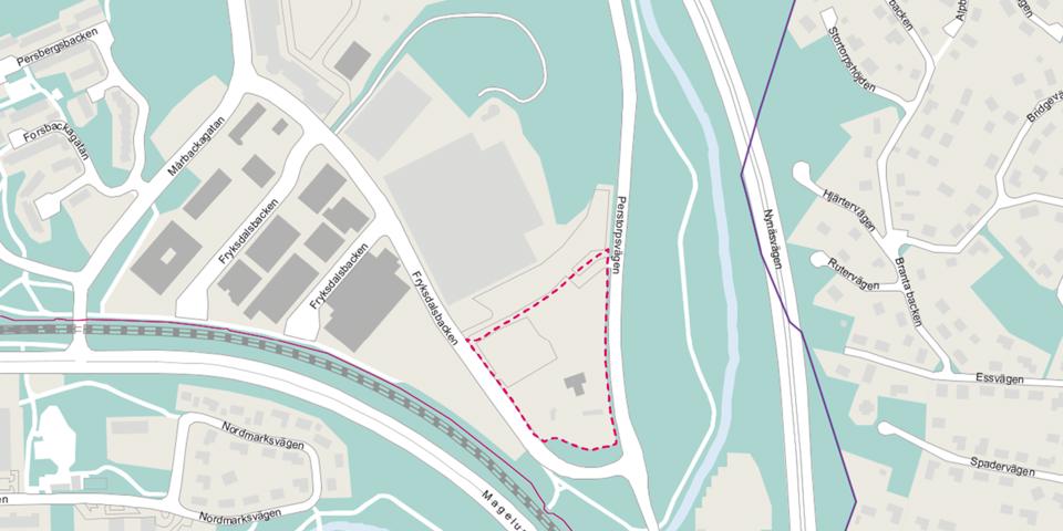 Bild av grön och grå karta som visar placering av planområdet och Larsboda verksamhetsområde. 