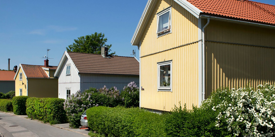 Villor med buskar och uppfart. Foto.
