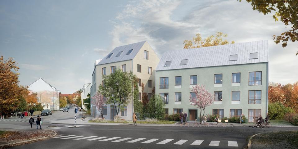 En t-korsning med två flerbostadshus inritade i mitten av bilden. Längre bort, till vänster i bilden, skymtar fler inritade bostadshus. Träd, bebyggelse och människor i rörelse. Illustration